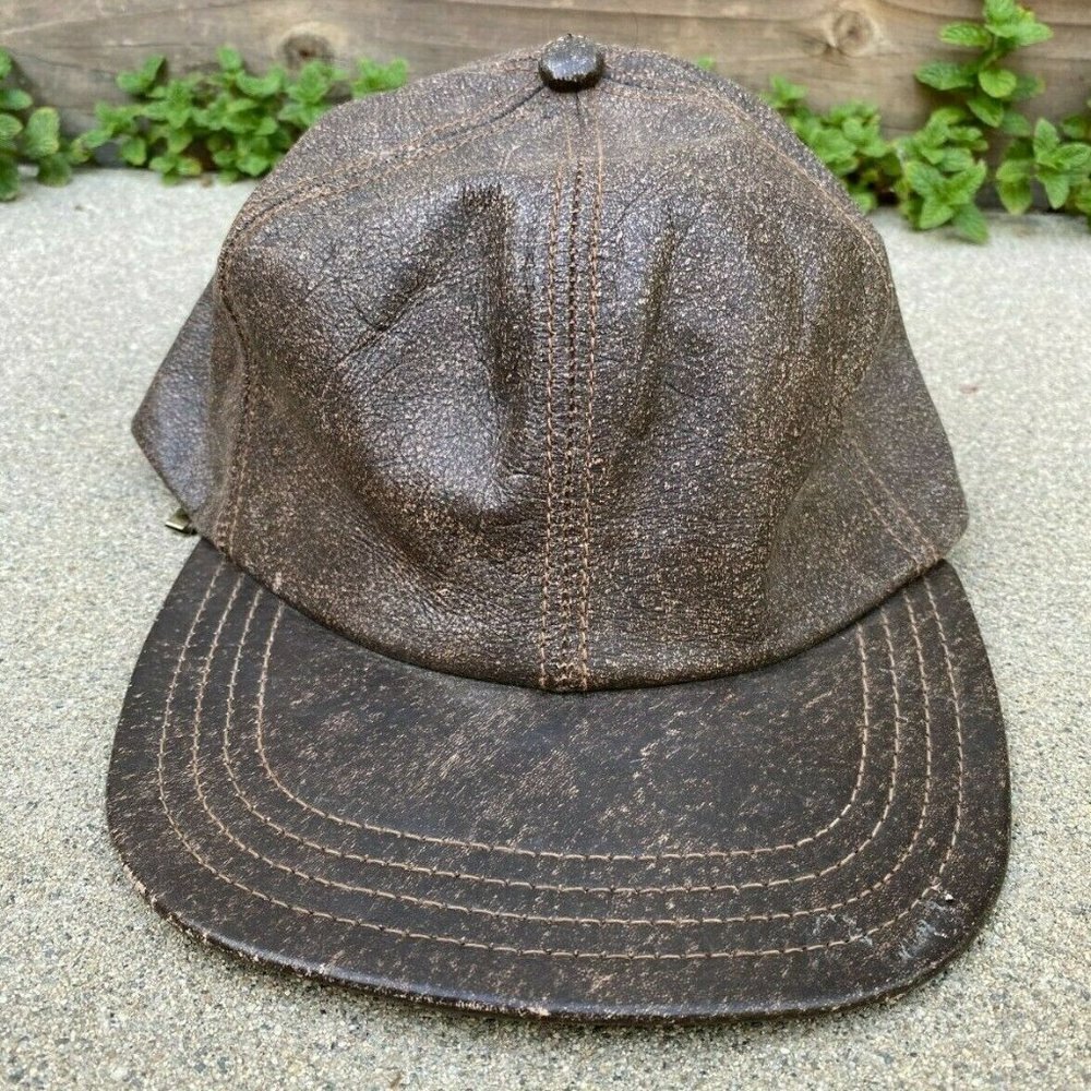 ADVENTURE BOUND VTG 90s Brown Genuine Leather USA Strapback Cap Hat OS​​…​​